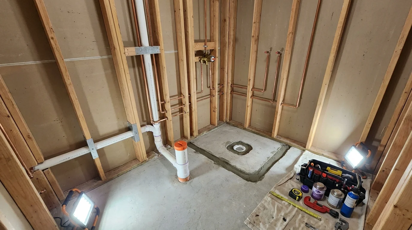 Bathroom rough-in plumbing during remodel by Johns Plumbing LLC in Oxon Hill
