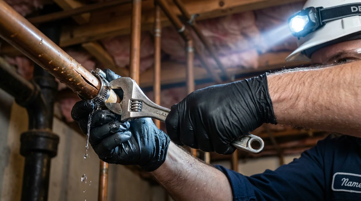 Emergency pipe clamp repair being performed by a Johns Plumbing LLC plumber in Oxon Hill